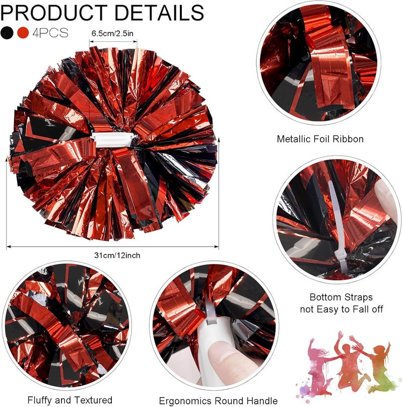 HOLENGS 4Pcs Upgraded 12inch Metallic Cheerleading Pom Poms, Cheerleader Pompoms Cheer Poms for Kids Adults, Cheering Squad Pompoms for School Sports Games Dance Party - Image 3
